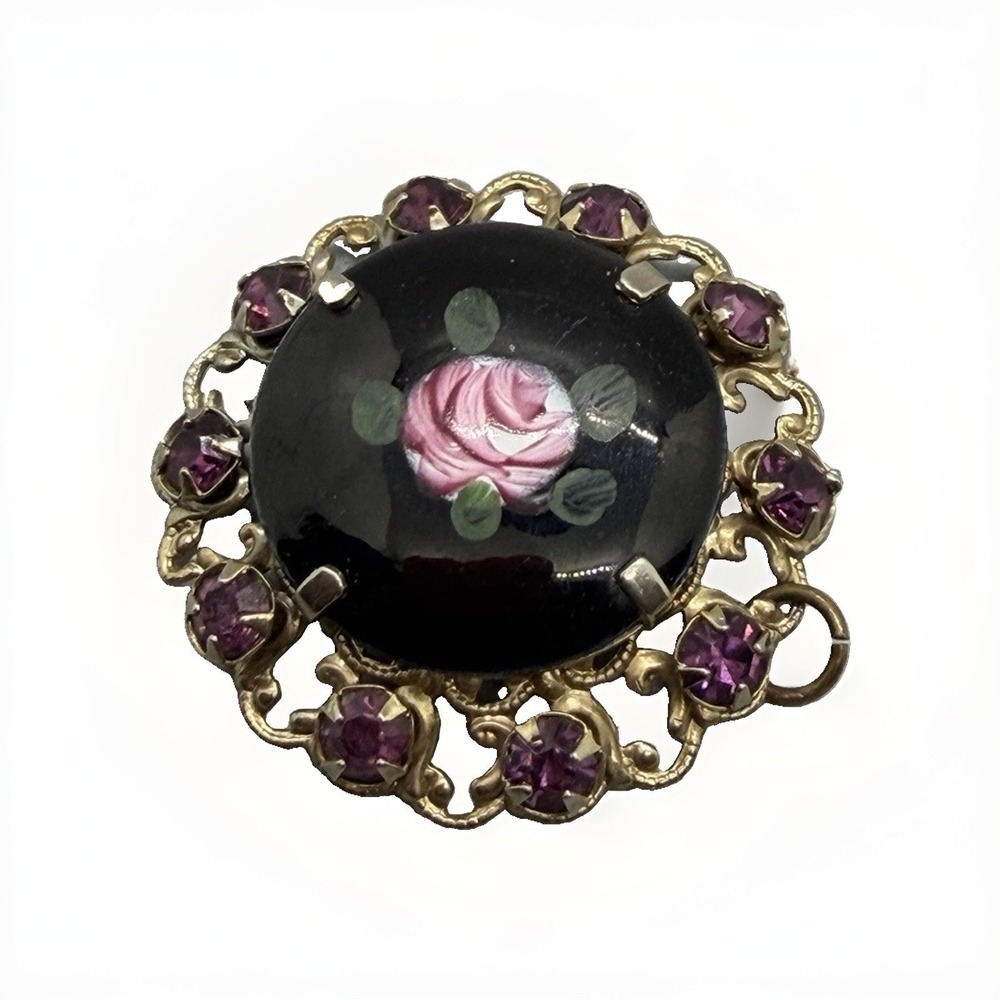Vintage Black Glass Painted Rose Pendant Purple Rhinestones Gold Tone Floral